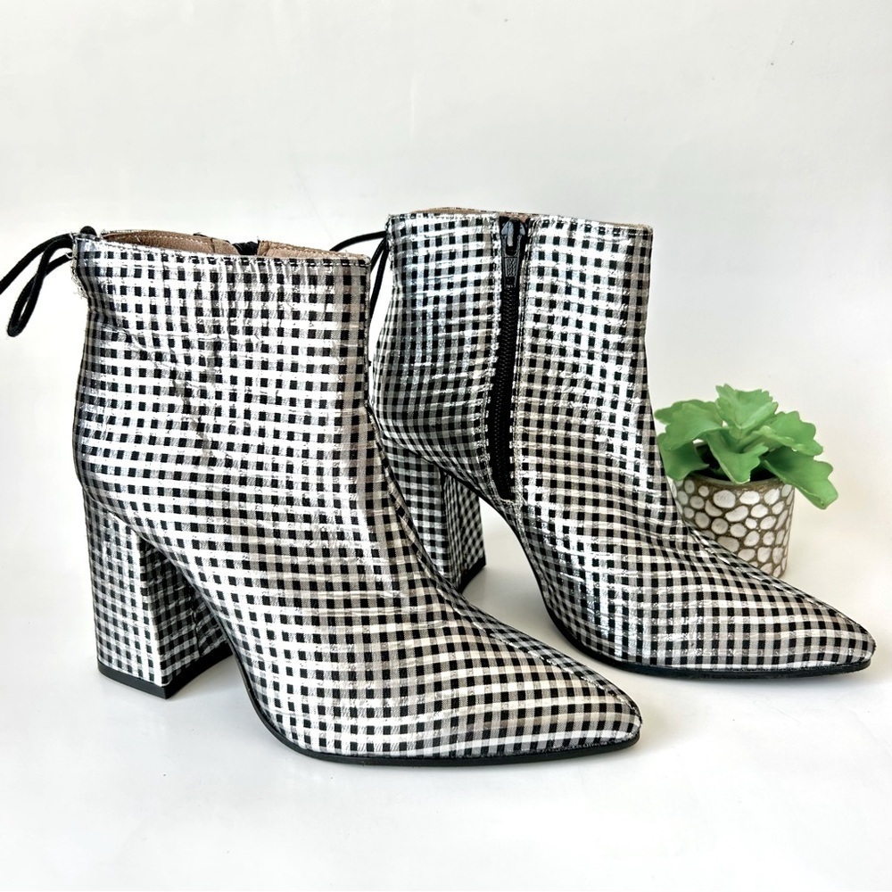 Anthropologie Metallic Check Pointed Toe Ankle Boot Silver Black Block Heel 36 - Picture 2 of 11